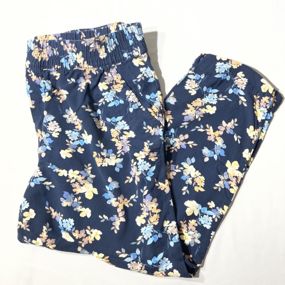 Jessica  Simpson Navy Floral Print Elastic Waist Pants Relaxed Fit Lightweight L